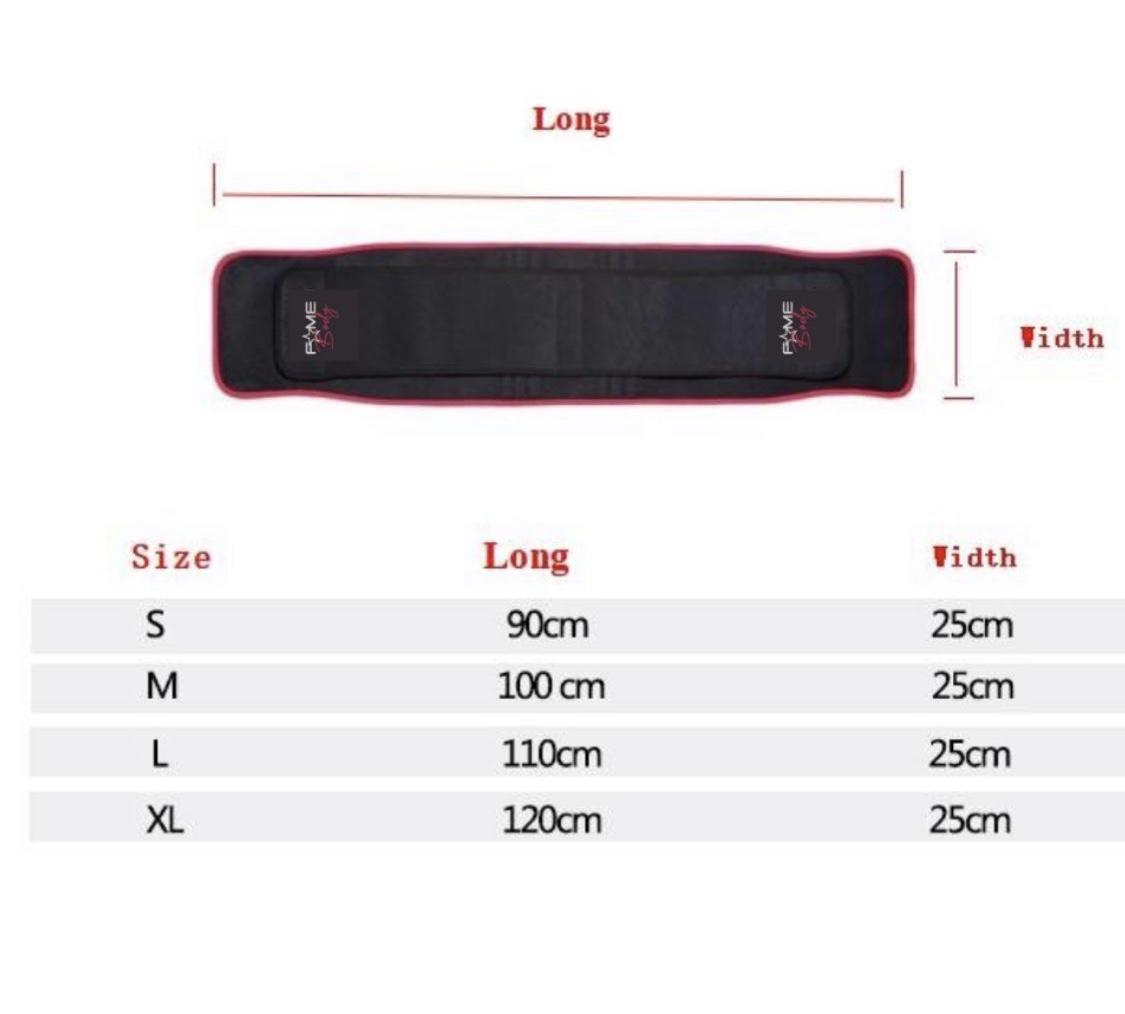 Fame Body Flex Snatcher size chart with dimensions for S, M, L, XL